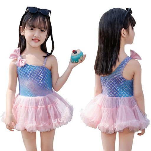 [YOUHA]キッズ水着女の子ワンピースオールインワンスイムキャップ2点セットグラデーションラメワンショルダー風肩ひも調節アシンメトリー肩リボンシアーチュールスカートショーツ一体…