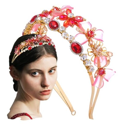 フラワーお呼ばれヘアアクセサリーレッドラインストーン花嫁ウェディングカチューシャ結婚式ブライダル髪飾り結婚式宴会成人式