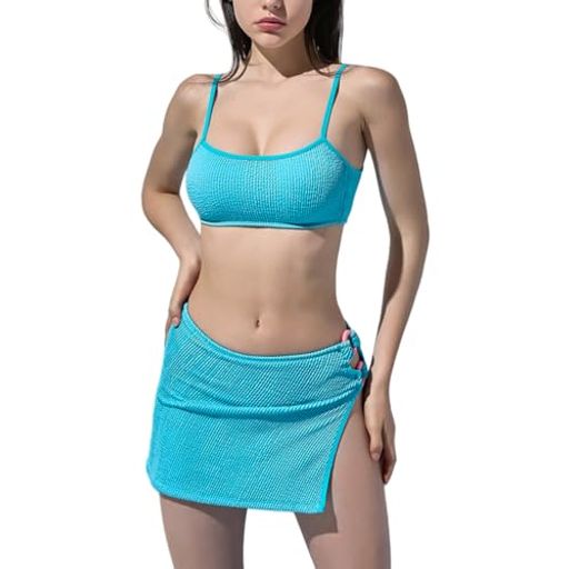 [Narebuy]水着レディースビキニ3点セット無地ホルターネックスカート付きスリングパット付きファッションハイウエストリボンかわいい泳ぐ休みビーチ旅行快適温泉