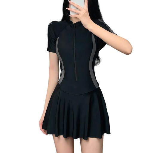 [EnagmourCheripo]胸パッド付きフリル水着レディース色合わせフレアワンピース体型カバー軽量半袖おしゃれかわいいスカートオールインワン二の腕カバー海旅行プールビーチ水陸両用露出控…