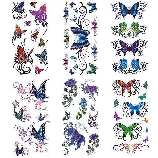 Yesallwasタトゥーシール蝶青紫ピンク6枚セット入れ墨シール蝶々刺青シールバタフライタトゥーステッカーボディーシール子供レディース長持ち防水TATTOO9X19CM(D.9x19CM6枚セット)