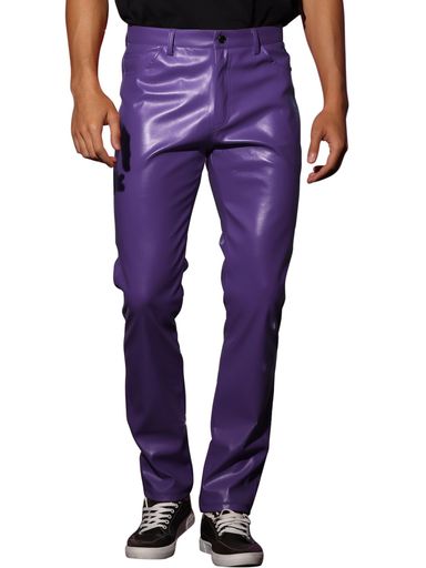 Pants - [LarsAmadeus]フェイクレザーパンツスリムフィットナイトクラブディスコスキニーパンツメンズパープル30