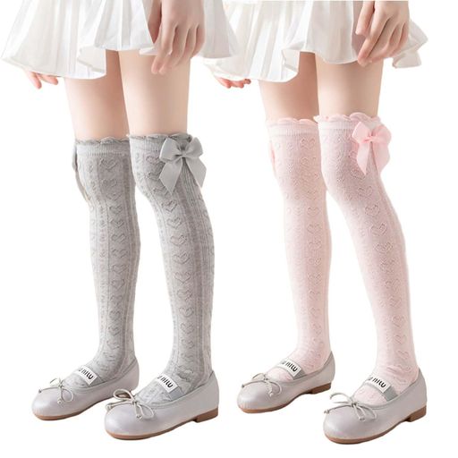 [MOE2HUO]キッズ靴下女の子靴下子供用靴下泡口蝶結びメッシュソックス夏春秋薄手姫靴下ストッキング入学式卒業式発表会靴下2足セット(1/灰+ピンクS/35cm)