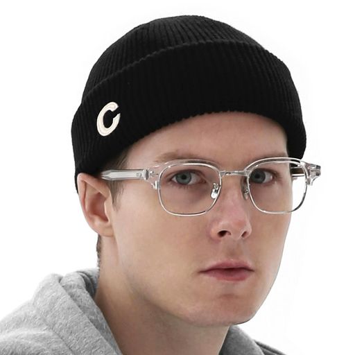 [UNDERCONTROL]ロゴラベルパッチユニセックス秋冬伸縮性ショート厚手袖口ロールアップ暖かいビーニー韓国トロール漁師柔らかくニットスカルキャップ(アクリル、ダブルタブブラック)