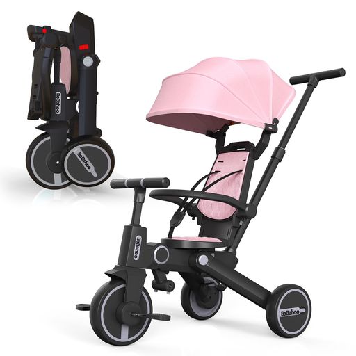 Bebehoo三輪ベビーカー軽量三輪車折りたたみ自転車子供のバランスバイク1-5歳の子供自転車7-in-1が三輪車手押し棒付き(ピンク)