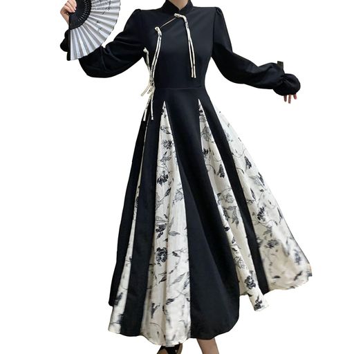 [ZYOOFOV]中華風ワンピースレディースロング長袖竹柄レイヤードAライン長袖レトロきれいめ可愛いエレガ..