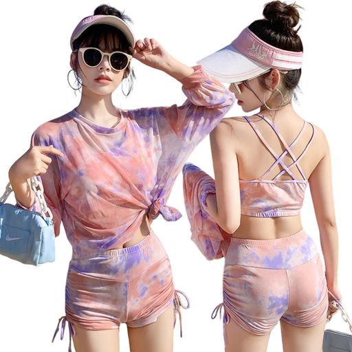 [MzcoYmm]水着レディース体型カバー3点セットセパレート可愛いビキニラッシュガード上下セットハイウエストショートパンツパット付きおしゃれ透け感海ビーチウェア