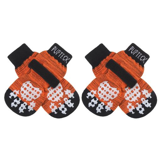 PUPTECK犬靴下滑り止めマジックテープ付き脱げない舐め防止肉球保護通気性柔らかい介護サポート転倒防止犬用靴下4個セット可愛い屋内用老犬シニア犬小型犬中型犬大型犬(オレンジMサイズ)