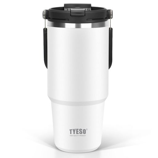 Rakuten - TYESOタンブラーストロー付き1050mlコーヒー水筒魔法瓶保温保冷取っ手付ケトル真空断熱二重構造広口大容量直飲み漏れないホームオフィスアウトドア1.05L白