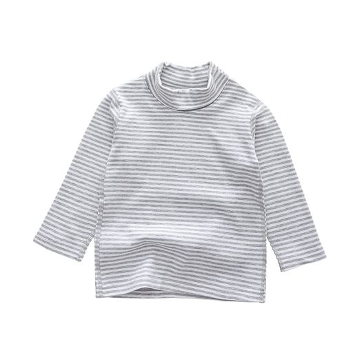 [POBIDOBY]シャツキッズハイネック長袖ストレッチインナー子供服男の子女の子綿上着ストライプグレー130