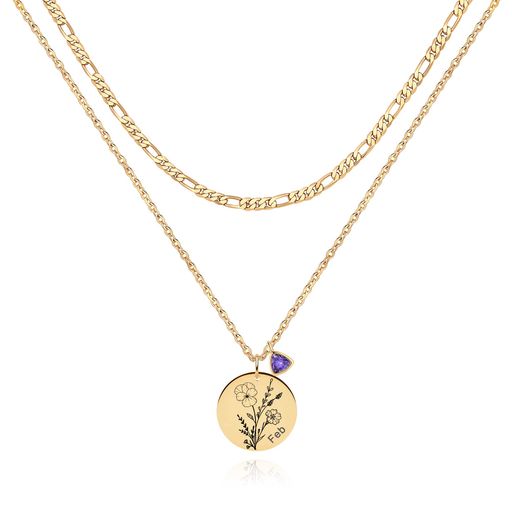 [MTMY]レディースレイヤード誕生花ネックレス誕生石セットゴールド14Kメッキ優雅チェーンチョーカーパーソナライズジュエリー誕生日プレゼント1月~12月2月-すみれ