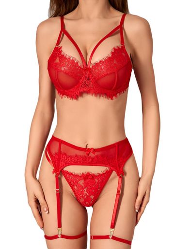 [Lvoydor]ガーターベルト下着セット花柄刺繍ガーターランジェリー大きいサイズシースルーブラセットかわいい