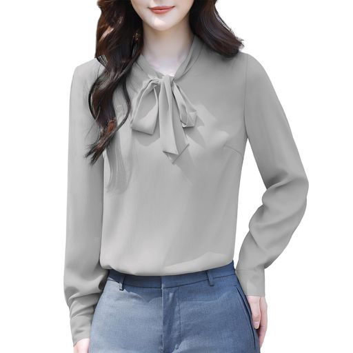 [Hotouch]ブラウスレディース長袖Vネックシフォンシャツシアー透け感トップスリボンボウタイ春夏通気性..