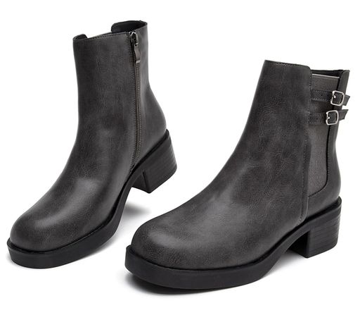 [WUIWUIYU]ショートブーツレディースサイドゴア4.5cmスクエアヒールジッパー付き撥水加工柔らかい滑り止め秋冬袴ブーツグレー23cm