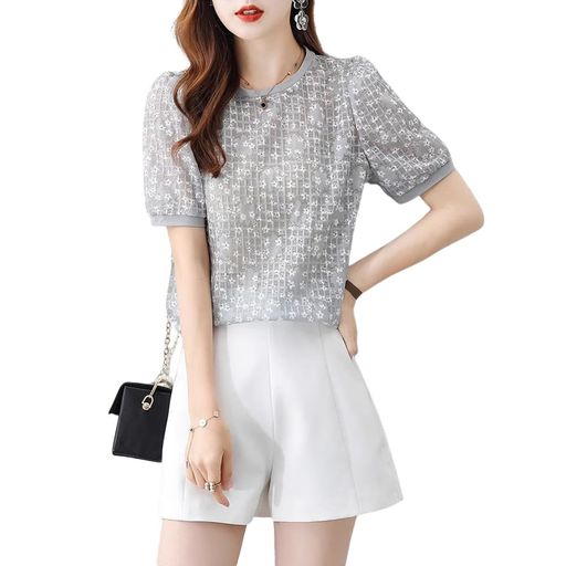 [FEISEDY]Tシャツレディース半袖仕事通勤薄手夏トップスカジュアル花柄シアーヤーン紫外線対策涼しい快適夏A8180