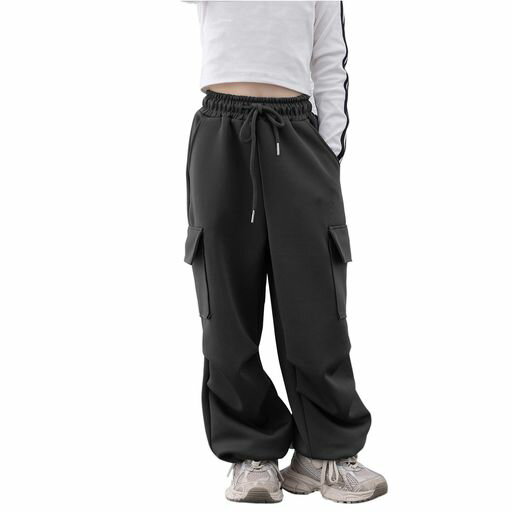 [Rolanko]カーゴパンツジョガーパンツキッズスウェット女の子ズボン子供ロングパンツガールズストレッチアウトドアスポーツ軽量速乾ポケットダークグレー130