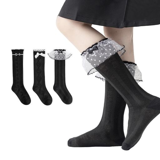 [MOE2HUO]靴下ソックスキッズ女の子ハイソックス3ペアお姫様リボン蝶結びジュニア白無地綿柔らかい吸汗通気学生用入学式卒業式靴下(タイプ#1M/3~5歳)