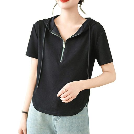 [CoeFodMavo]ハーフジップパーカーレディーススウェット半袖Vネックプルオーバートップストレーナーtシ..