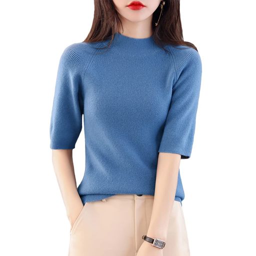 [BolanVerl]【9色】ハイネックニット五分袖サマーニットトップスレディース黒白赤半袖セーターリブカットソーストレッチ春夏キレイめブルーM