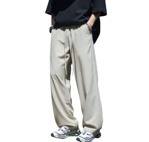 [BXINF]ワイドパンツメンズズボン夏用ストレートパンツ冷感夏服ャンブレーずぼん大きいサイズボトムス上品ピンタックロング丈イージーぱんつゆったり春夏(JPアルファベットLグレーです)