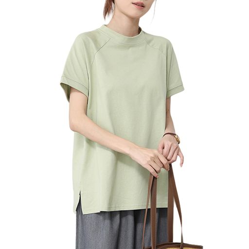 [7-livehouse] Tシャツ レディース 半袖 ゆったり ハイネック カットソー ティーシャツ 夏服 トップス 無地 半袖tシャツ体型カバー おしゃれ 5分袖 着回しカ 着痩せ カジュアル 通勤 春