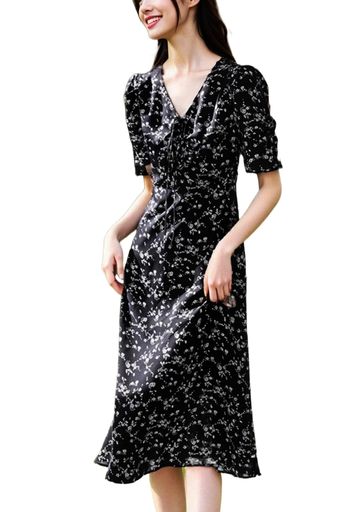 [セイラ]ワンピース夏レディース半袖花柄ワンピースひざ丈着瘦せ优雅ブラックドレスカジュアル涼しい大人