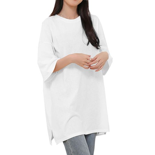 [CoeFodMavo]tシャツレディース半袖トップスロングtシャツ無地サイドスリットワンピース丸襟綿100%大きいサイズゆったりシンプル可愛い日常オフィス部屋着春夏