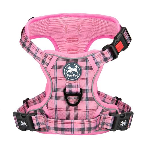 PoyPet犬ハーネス胴輪引っ張り防止首が開ける簡単着脱咳き込み軽減抜けない前後Dリング付きハンドルサイズ調整可能ソフト散歩訓練しつけ用小型犬中型犬大型犬(ピンク格子XL)