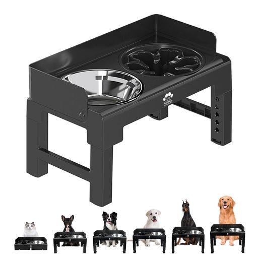 6段階高さ調整可能ステンレス鋼製滑り止め付きドッグボウルスタンドセット緩速給餌機能付きバッフル(仕..