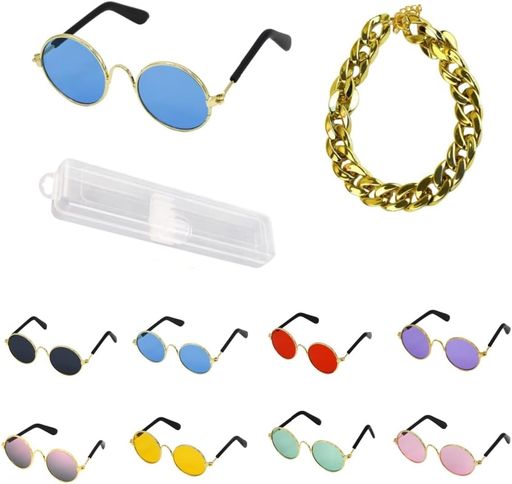 【専用収納ボックス+ゴールドチェーンカラー+ペット眼鏡】犬サングラスおもしろサングラス猫アクセサリ..