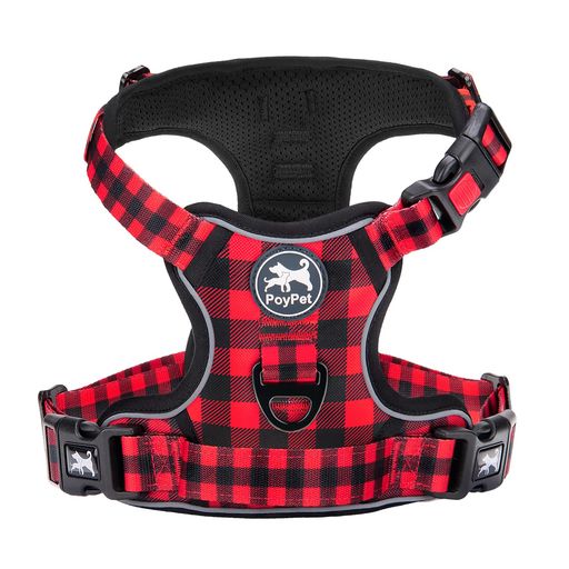 PoyPet犬ハーネス犬用胴輪夜間反射材引っ張り防止咳き込み軽減サイズ調整可通気性簡単着脱老犬介護しつけ訓練歩行補助散歩可愛い小型犬/中型犬/大型犬ハーネス(赤黒格子L)