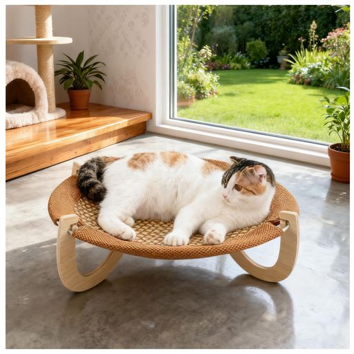 3ofNi猫ベッド藤編みござペットベッドハンモック自立式猫用ハウス猫寝床ペット用品猫/小型犬通用四季通用通気性取り外し可能防湿耐荷重10kg組立簡単洗濯可能(M)