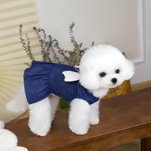 Bornoon犬服ワンピース春夏通気お姫様薄手デニムスカート袖なし羽根デコレーションでリードDカン付き洋..