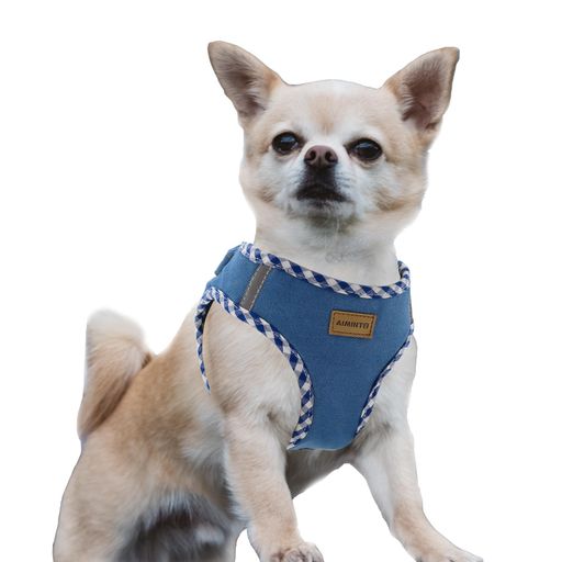 Aimintoデニム犬用ハーネス、通気性の高いメッシュ素材、軽量、ハーネス胸元に反射材付き-猫や小型犬用(ハーネス(ベイビーブルー)XXS胴範囲28-32cm)
