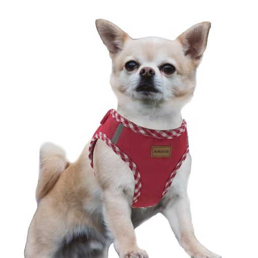 Aimintoデニム犬用ハーネス、通気性の高いメッシュ素材、軽量、ハーネス胸元に反射材付き-猫や小型犬用(ハーネス(レッド)XXS胴範囲28-32cm)