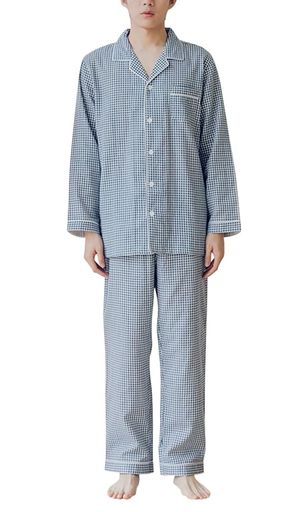 [Euyqs]メンズパジャマ綿二重ガーゼルームウェアペア夫婦(XXLグレンチェック・インデイグブルー/メンズ)