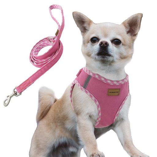 Aimintoデニム犬用ハーネス&リードセット、通気性の高いメッシュ素材、軽量、ハーネス胸元に反射材付き-猫や超小型犬用(ハーネスとリードをセット(ピンク)XXS胴範囲28-32cm)