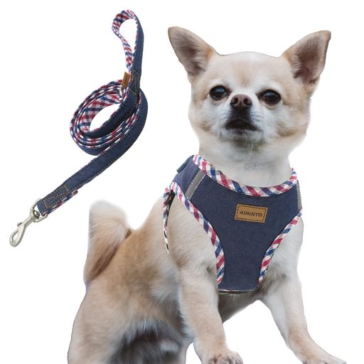Aimintoデニム犬用ハーネス&リードセット、通気性の高いメッシュ素材、軽量、ハーネス胸元に反射材付き-猫や超小型犬用(ハーネスとリードをセット(ダークブルー)XXS胴範囲28-32cm)