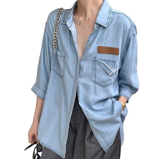 [xppe]在庫品を投げ売りブラウスシャツレディース襟付けワイドシャツ7分袖折り襟ボタン前開きトップス上品着やせ体型カバーポケット付き羽織るゆったり薄手学院風春夏秋