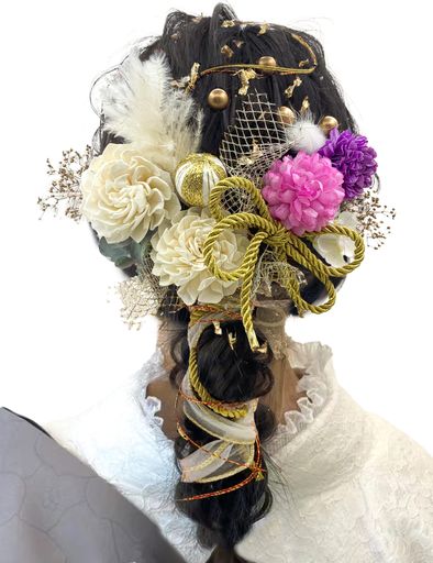 [JZOON]髪飾り9色ドライフラワー造花飾り水引紐ヘアーアクセサリー和玉かすみ草金箔人気和服着物振袖袴花浴衣成人式七五三結納卒業式入学式結婚式発表会パープルT5007