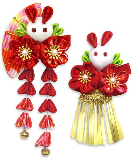 【JZOON髪飾り】つまみ細工七五三成人式ヘアアクセサリー桜菊花6色2点セット可愛い鈴付き手作り浴衣袴着物振袖和装成人式前撮り753花火大会盆踊りイベント卒園式卒業式結婚式赤H1113