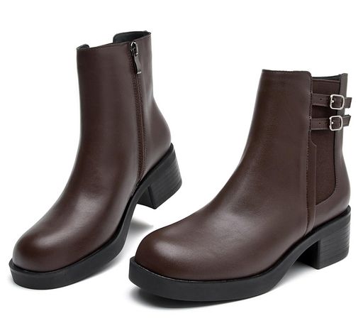 [WUIWUIYU]ショートブーツレディースサイドゴア4.5cmスクエアヒールジッパー付き撥水加工柔らかい滑り止め秋冬袴ブーツブラウン25cm