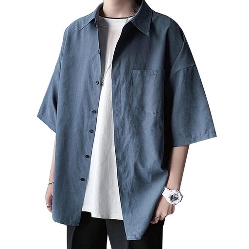 [Kesaeki]シャツメンズ五分袖ストリート系無地カジュアルシャツ夏服半袖オーバーサイズシャツドロップショルダーオシャレワイシャツ快適な軽い吸汗速乾柔らかいシンプルブルー