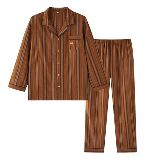 [Euyqs]メンズパジャマ綿二重ガーゼルームウェアペア夫婦(XXLボーダー・ブラウン/メンズ)