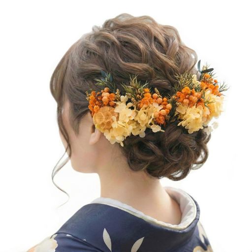 [R-QINYUER]髪飾りヘッドドレスプリザーブドフラワーウェディングブライダルドライフラワー花飾りヘアアクセサリーセットアップ祭り花火大会成人式結婚式卒業式七五三浴衣前撮り(オレン…