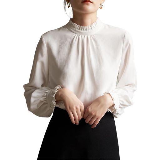 [R6seven]レディーストップスシャツOLオフィスフリル長袖ロングポリエステル混紡タック無地薄手体型カバービジネス学生大人春秋通勤日常デート