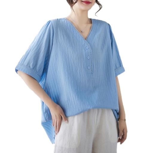[POGCZMKK]ブラウスレディーストップスtシャツVネック半袖シャツ夏服ゆったり着痩せ体型カバーふわふわ..