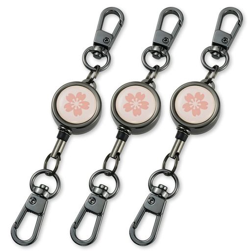 [EXERT]伸びるリールナスカン付きキーホルダーパスケースリールストラップ定期入れ桜(ブラック)