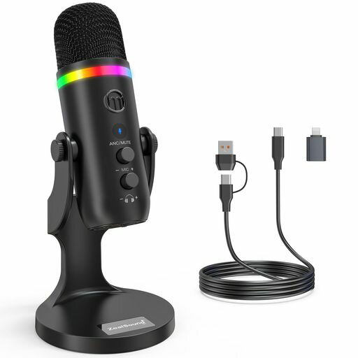 Rakuten - ZealSoundUSBマイク*Phone用マイクノイズキャンセリングコンデンサーマイクタッチミュート、エコー、モニタリング、会議用ゲーム実況タブレットRGBライトPC用録音用