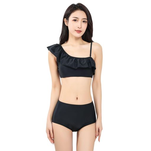 [Winsuteki]水着レディースビキニセパレート2点セットワンショルダーフリルハイウエストバックシャン2way大人可愛い温泉サウナビーチ海水浴旅行水着(2347XLブラック)
